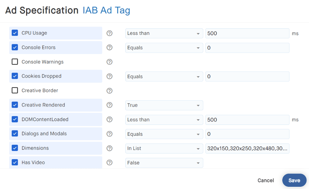 Ad validation custom ad specification